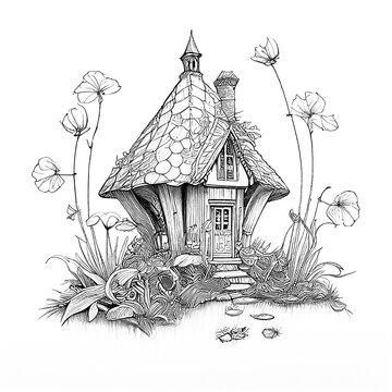 recommend clip art: realistic line art drawing, coloring book sketch no noise, sharp lines, line art of an overgrown fantasy mushroom fairy house with flowers, illustration, single entity, one entity, centred image, whit