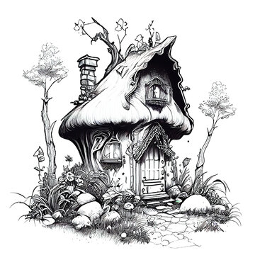 recommend clip art: realistic line art drawing, coloring book sketch no noise, sharp lines, line art of an overgrown fantasy mushroom fairy house with flowers, illustration, single entity, one entity, centred image, whit
