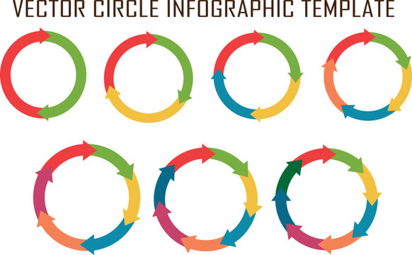 Vector circle arrow infographic template. Used for diagrams, business presentations, graphs, and charts. Concept with 2, 3, 4, 5, 6, 7, and 8 steps, arrows, parts and processes. Vector pie chart. 