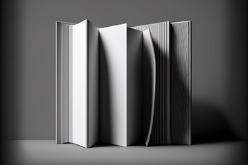 Open, gray, vertical soft cover books with a wooden backdrop. Each book is isolated and has a clipping path around it. illustration. Generative AI