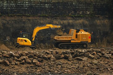 The modern excavator performs excavation work on the construction site 