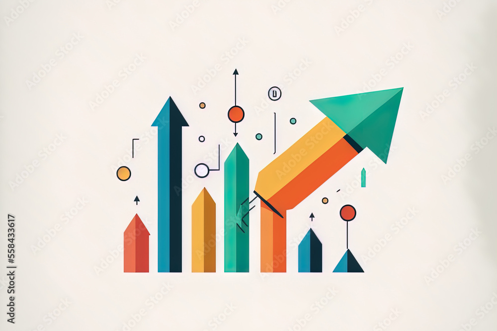 Poster idea of data analysis. ascending arrow and growing bars in a graphic. statistics, financial performa