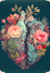 Human Heart with Flowers - Abstract Modern Illustration