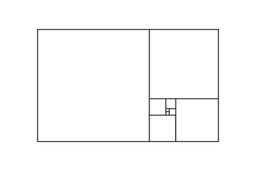 Golden ratio template. Divine, golden Proportion. Universal meanings. Method golden section. Fibonacci array, numbers. Rectangle frame fracted squares. Photography harmony proportions template.