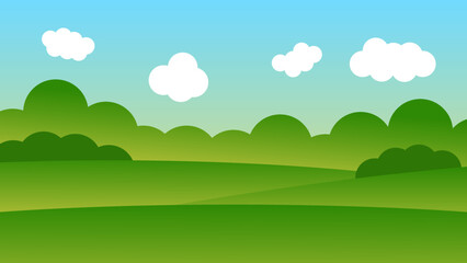 Fototapeta na wymiar landscape cartoon scene with green trees on hills and white cloud in blue sky background