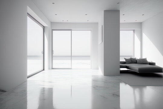 A contemporary beach house or apartment with an empty white wall and a concrete floor. Illustration of a sunny living room in a house with a sea view in the distance. Generative AI