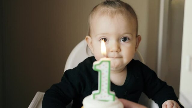 Baby celebrating first birthday with cupcake in a highchair