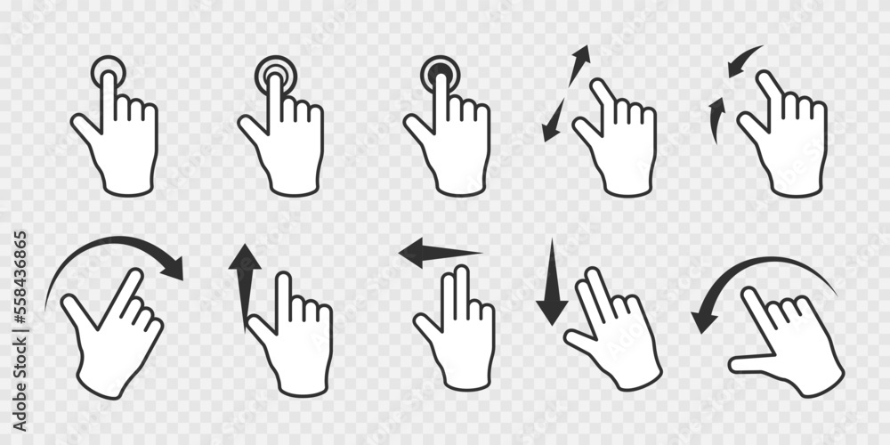 Poster Set of gesture hands icons in black. Touch computer hand icons