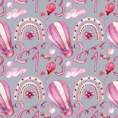 Childish seamless pattern with cute Happy rainbows und hot air ballon, clouds, flowers, tinsel, heart. Perfect for baby shower, birthday, children's party.