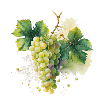  White grape isolated on white background. Watercolor, hand drawn. Ai generative illustration