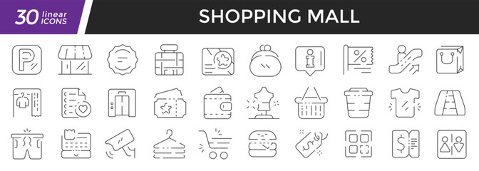Shopping mall linear icons set. Collection of 30 icons in black
