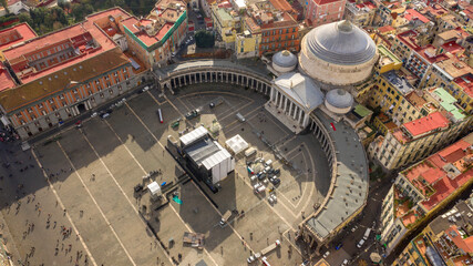 Aerial view of Piazza del Plebiscito, a large public square in the historic center of Naples, Italy. It's bounded by San Francesco di Paola' s church and its hallmark twin colonnades.