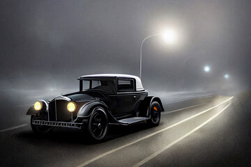 Fototapeta na wymiar A black car is driving on the road at night, fog, dark background.