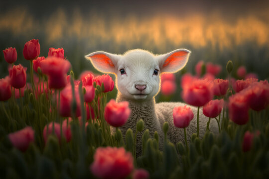 L&auml;mmchen zwischen Blumen - Ai generiert
