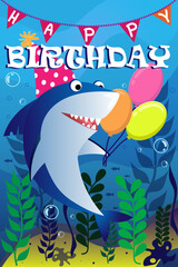Happy Birthday with shark and balloons, vector illustration