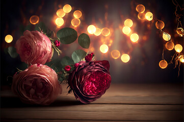 Valentine's day romantic scene with roses on dark wooden table against bokeh lights background