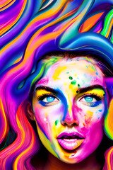 Obraz na płótnie Canvas Fictional and imaginative character in a face of a woman fanciful character, with colorful and psychedelic hairstule