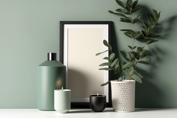 Composition of a contemporary living room design with contemporary home accents and personal items on the eucalyptus wood toilet. Wall in sage green. Template. Copy space. Generative AI