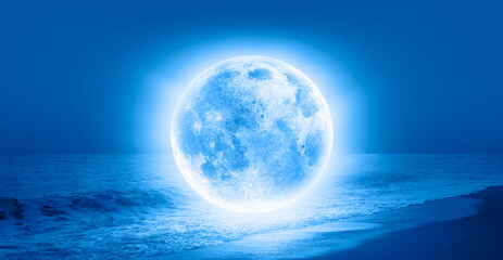 Naklejka na ściany i meble Fantasy landscape - Full Moon on the sea coast with blue sea 