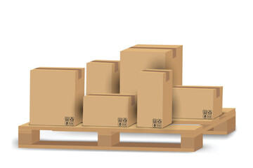 Cargo delivery and transportation industry concept stacked cardboard boxes on wooden shipping pallet isolated on white background vector illustration