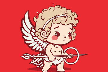 drawing of a cupid with wings on a red background, valentine background