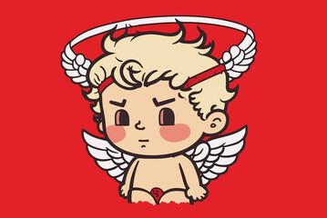 drawing of a cupid with wings on a red background, valentine background