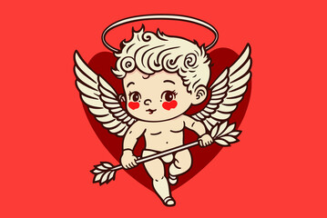 drawing of a cupid with wings on a red background, valentine background