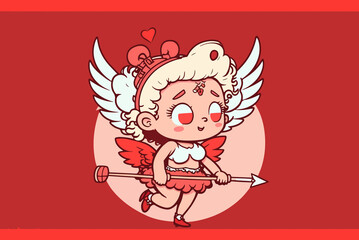 drawing of a cupid with wings on a red background, valentine background