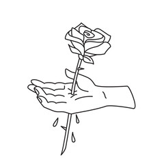 Vector illustration of a rose piercing the hand. Thin line icon for design, cover etc.