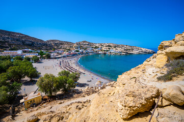 Famous Matala beach with caves, known for hippies in the 70's.
