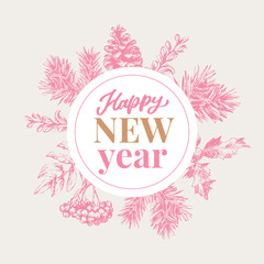 Happy New Year Abstract Botanical Card with Square Frame Banner and Modern Typography. Green and Pink Pastel Colors Greeting Layout. Isolated.