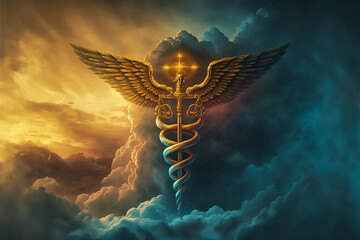 Luxurious medical caduceus atop a majestic, drama-filled sky of universal medical knowledge. Impressive visuals capture the splendor of timeless medicine. - obrazy, fototapety, plakaty