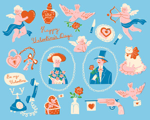 Valentine's Day elements in hand drawn retro style. Set includes cupids, roses, vintage telephone, lady and a gentleman. Cute characters for romantic holiday celebration.