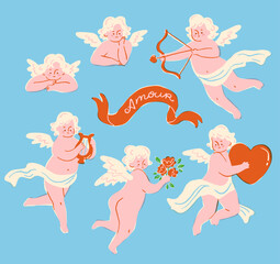 Vintage cupid set. Cheerful flying angels with a bow and arrow, a harp and flowers. Cute cherubs for the Valentine's Day celebration in trendy retro style.
