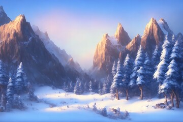 Generative AI  landscape mountain snow with tree