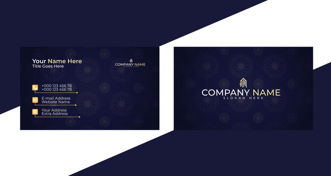Luxury dark business card. Center glowing blue gradient and patterned background.