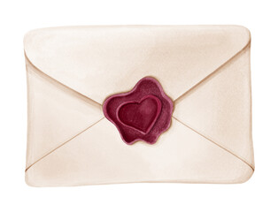 Digital illustration of a Valentines day letter. Stylized decorative symbol of Valentine's day. Hand-drawn clipart in a watercolor style. Light craft envelope with a red wax seal with a heart