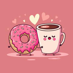 donut and a cup of coffee on a pink background with hearts