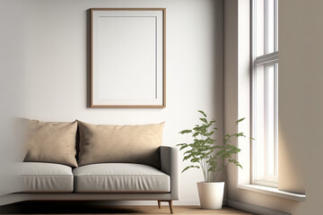 Illustration of a light brown square wooden frame in a living room with a sofa against a white background. Generative AI