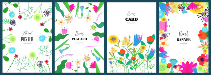 Poster template set with abstract drawing flowers. Floral art hand drawn placard collection. Botanical elements on spring holiday cover. Banner with summer blooms. Herbal plants postcard vector design