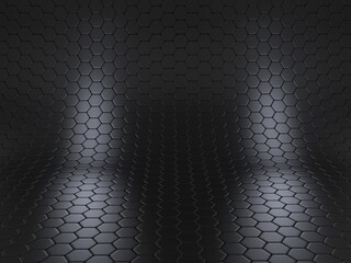 Curved dark hi tech hex background - 3D Illustration