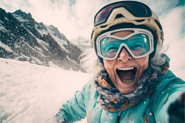 Old woman on the snowboard has a lot of fun in the snow. Takes a selfie. Generative AI