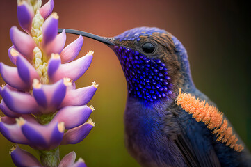 Fototapeta premium Purple cute hummingbird with flower