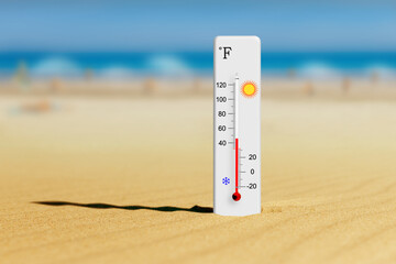 Hot summer day. Fahrenheit scale thermometer in the sand. Ambient temperature plus 46 degrees
