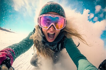 Fototapeta na wymiar Woman on the snowboard has a lot of fun in the snow. Takes a selfie. Generative AI