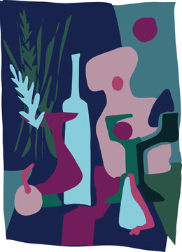 illustration of a plant in a bottle and gitare