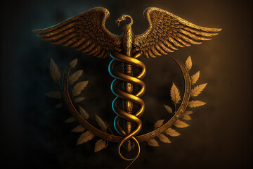 Stylized caduceus illuminated by an intense light, reflecting the authority and seriousness of a medical discipline. A powerful and emotional illustration.