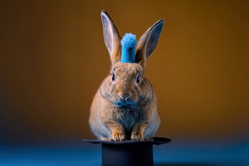Cute rabbit in a magician's hat on a colored backdrop. Generative AI