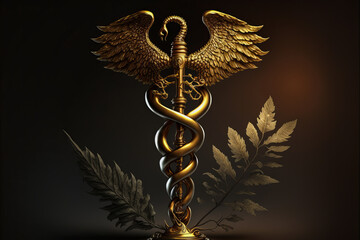 Stylized caduceus illuminated by a powerful light charged with emotion; authoritative and serious illustration to represent the medical discipline and the scientific method. - obrazy, fototapety, plakaty
