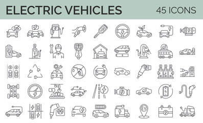 Set of 45 vector line icons related to electric cars and eco transport. Eelectric bus, truck, vehicle, auto, charge station, parking. Outline editable stroke icon collection.